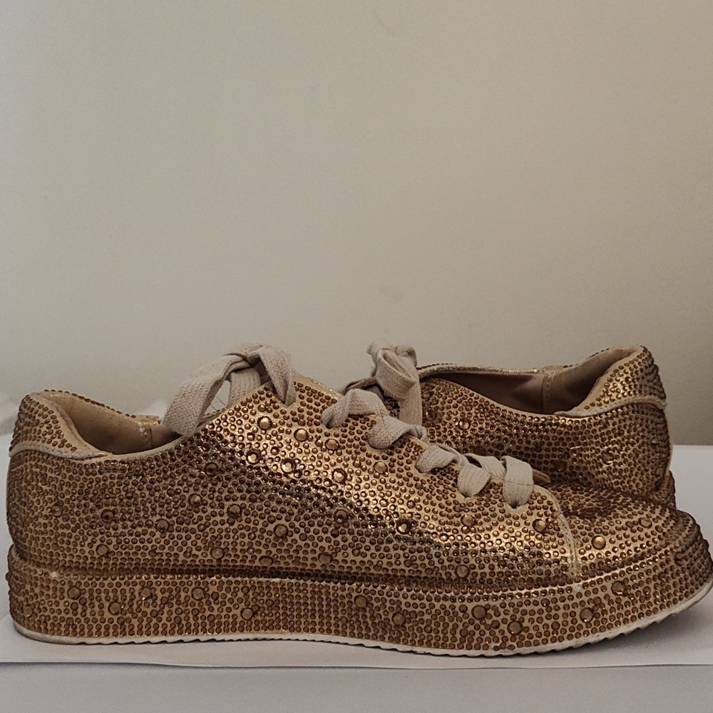 INC Women's Gold Rhinestone Embellished Lace-Up Sneaker 7.5